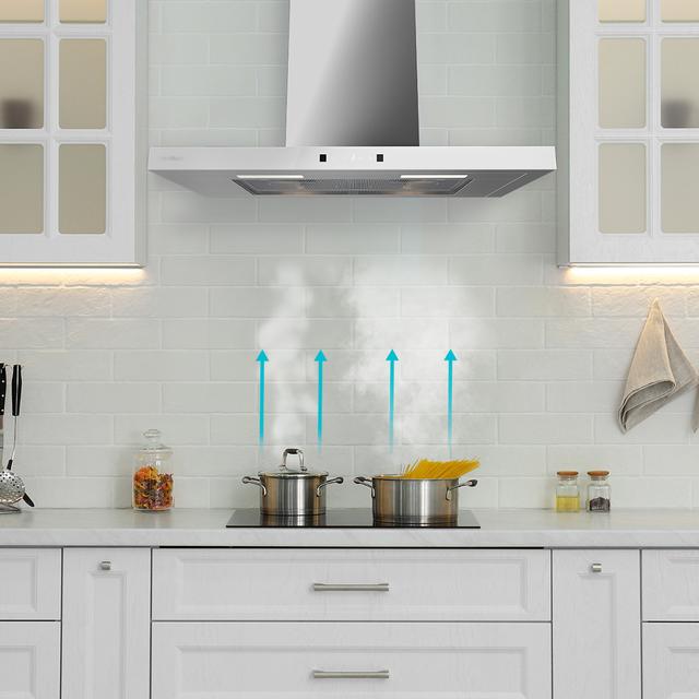 Bolero Flux TT 704400 Black A++ Hotte aspirante en T, 70 cm, avec une puissance d'aspiration de 413,3 m³/h, classe A++, contrôle tactile invisible, finition noire et façade en verre noir, moteur BLDC, Hand Movement Control, fonction Booster, filtres lavables, option filtres à charbon inclus pour la recirculation.