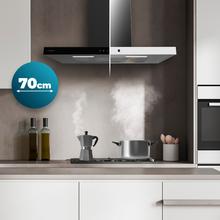 Bolero Flux TT 704400 Black A++ Hotte aspirante en T, 70 cm, avec une puissance d'aspiration de 413,3 m³/h, classe A++, contrôle tactile invisible, finition noire et façade en verre noir, moteur BLDC, Hand Movement Control, fonction Booster, filtres lavables, option filtres à charbon inclus pour la recirculation.