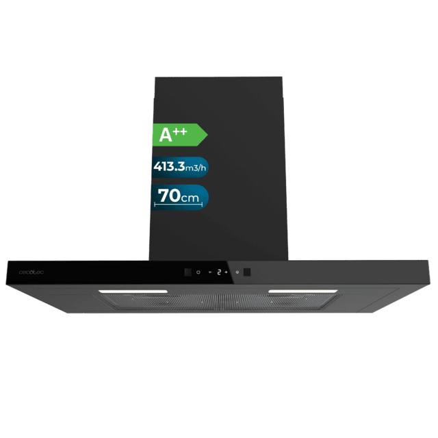 Bolero Flux TT 704400 Black A++ Hotte aspirante en T, 70 cm, avec une puissance d'aspiration de 413,3 m³/h, classe A++, contrôle tactile invisible, finition noire et façade en verre noir, moteur BLDC, Hand Movement Control, fonction Booster, filtres lavables, option filtres à charbon inclus pour la recirculation.