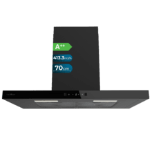 Bolero Flux TT 704400 Black A++ Hotte aspirante en T, 70 cm, avec une puissance d'aspiration de 413,3 m³/h, classe A++, contrôle tactile invisible, finition noire et façade en verre noir, moteur BLDC, Hand Movement Control, fonction Booster, filtres lavables, option filtres à charbon inclus pour la recirculation.