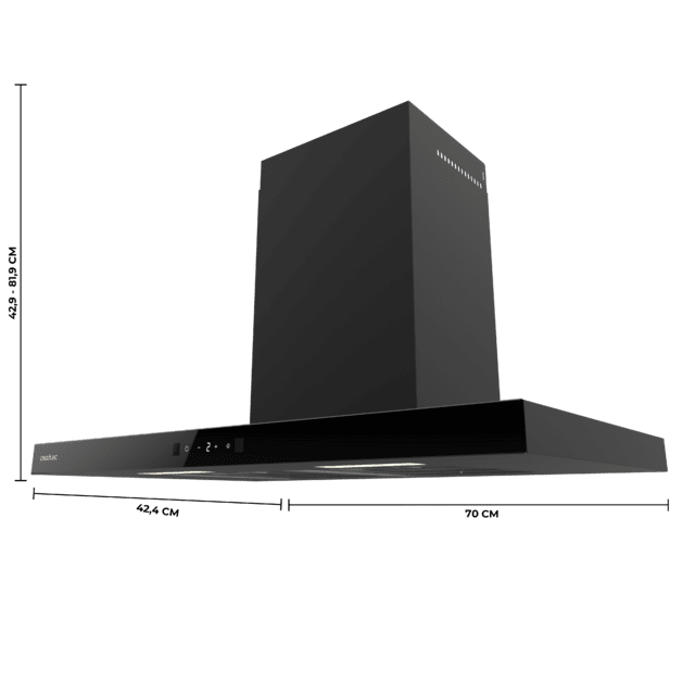 Bolero Flux TT 704400 Black A++ Hotte aspirante en T, 70 cm, avec une puissance d'aspiration de 413,3 m³/h, classe A++, contrôle tactile invisible, finition noire et façade en verre noir, moteur BLDC, Hand Movement Control, fonction Booster, filtres lavables, option filtres à charbon inclus pour la recirculation.