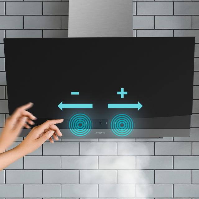 Bolero Flux DT 604400 Matt Black A+++ Hotte aspirante décorative de 60 cm en verre mat et brillant, cheminée en inox, avec une puissance d'aspiration de 416,5 m³/h, classe A+++, moteur BLDC, contrôle tactile invisible, Hand Movement Control, 3 vitesses, fonction Booster, éclairage LED, filtres en aluminium, option filtres à charbon inclus.