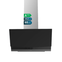 Bolero Flux DT 604400 Matt Black A+++ Hotte aspirante décorative de 60 cm en verre mat et brillant, cheminée en inox, avec une puissance d'aspiration de 416,5 m³/h, classe A+++, moteur BLDC, contrôle tactile invisible, Hand Movement Control, 3 vitesses, fonction Booster, éclairage LED, filtres en aluminium, option filtres à charbon inclus.