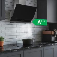 Bolero Flux DT 604400 Matt Black A+++ Hotte aspirante décorative de 60 cm en verre mat et brillant, cheminée en inox, avec une puissance d'aspiration de 416,5 m³/h, classe A+++, moteur BLDC, contrôle tactile invisible, Hand Movement Control, 3 vitesses, fonction Booster, éclairage LED, filtres en aluminium, option filtres à charbon inclus.