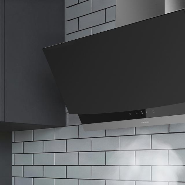 Bolero Flux DT 604400 Matt Black A+++ Hotte aspirante décorative de 60 cm en verre mat et brillant, cheminée en inox, avec une puissance d'aspiration de 416,5 m³/h, classe A+++, moteur BLDC, contrôle tactile invisible, Hand Movement Control, 3 vitesses, fonction Booster, éclairage LED, filtres en aluminium, option filtres à charbon inclus.