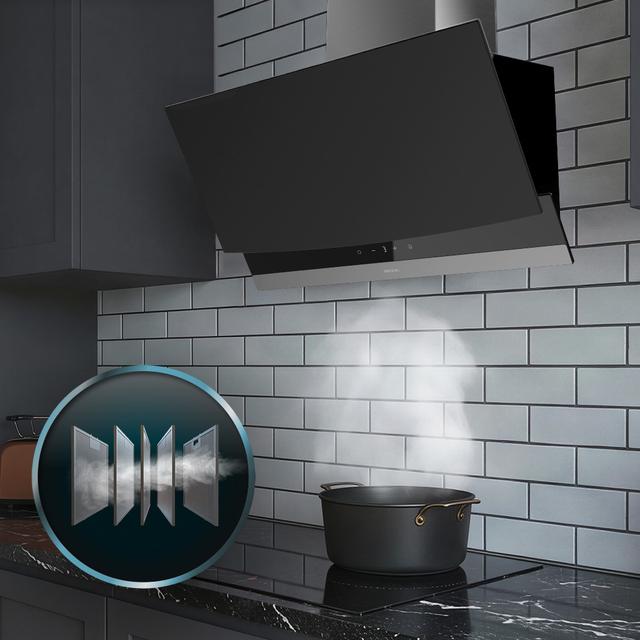 Bolero Flux DT 604400 Matt Black A+++ Hotte aspirante décorative de 60 cm en verre mat et brillant, cheminée en inox, avec une puissance d'aspiration de 416,5 m³/h, classe A+++, moteur BLDC, contrôle tactile invisible, Hand Movement Control, 3 vitesses, fonction Booster, éclairage LED, filtres en aluminium, option filtres à charbon inclus.