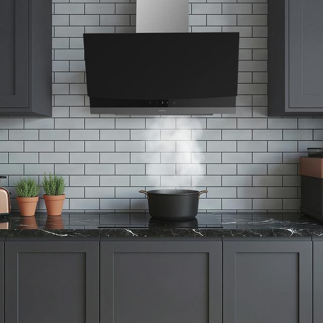 Bolero Flux DT 604400 Matt Black A+++ Hotte aspirante décorative de 60 cm en verre mat et brillant, cheminée en inox, avec une puissance d'aspiration de 416,5 m³/h, classe A+++, moteur BLDC, contrôle tactile invisible, Hand Movement Control, 3 vitesses, fonction Booster, éclairage LED, filtres en aluminium, option filtres à charbon inclus.