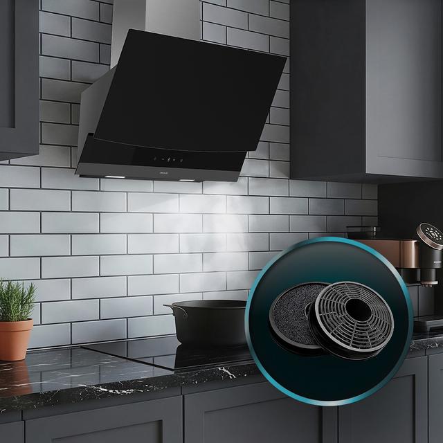 Bolero Flux DT 604400 Matt Black A+++ Hotte aspirante décorative de 60 cm en verre mat et brillant, cheminée en inox, avec une puissance d'aspiration de 416,5 m³/h, classe A+++, moteur BLDC, contrôle tactile invisible, Hand Movement Control, 3 vitesses, fonction Booster, éclairage LED, filtres en aluminium, option filtres à charbon inclus.