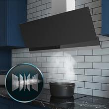 Bolero Flux DT 904400 Matt Black A+++ Exaustor Decorativo de 90 cm em vidro mate e brilhante, chaminé em aço inoxidável, com 416,5 m³/h de sucção, classe A+++, motor DC, controlo tátil invisível, controlo por movimento da mão, 3 velocidades, função Booster, luz LED, filtros de alumínio, opção de filtros de carbono incluídos.