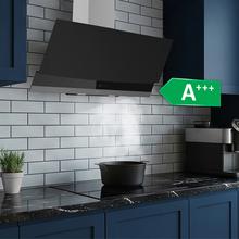 Bolero Flux DT 904400 Matt Black A+++ Exaustor Decorativo de 90 cm em vidro mate e brilhante, chaminé em aço inoxidável, com 416,5 m³/h de sucção, classe A+++, motor DC, controlo tátil invisível, controlo por movimento da mão, 3 velocidades, função Booster, luz LED, filtros de alumínio, opção de filtros de carbono incluídos.