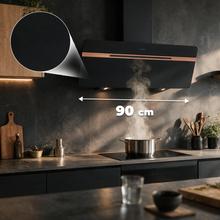 Bolero Flux DT 907500 Matt Black A+++ Cecotec Campana Extractora Decorativa de 90cm en Cristal negro Mate y Brillante con detalles en color cobre, Chimenea negra, con 717,2m³/h de succión, Clase A+++, Motor BLDC, Control Táctil, Hand Movement Control, Doble Función Booster, Función Air Cleanning, Wifi para utilizar con App, Luz LED, Filtros de aluminio, Opción de filtros de carbono incluídos.
