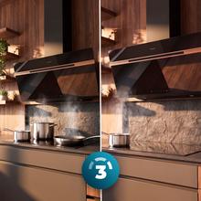 Bolero Flux DT 907500 Matt Black A+++ Cecotec Campana Extractora Decorativa de 90cm en Cristal negro Mate y Brillante con detalles en color cobre, Chimenea negra, con 717,2m³/h de succión, Clase A+++, Motor BLDC, Control Táctil, Hand Movement Control, Doble Función Booster, Función Air Cleanning, Wifi para utilizar con App, Luz LED, Filtros de aluminio, Opción de filtros de carbono incluídos.
