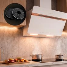 Bolero Flux DT 607500 Matt White A+++, 60 cm, aus mattweißem und glänzendem Glas mit kupferfarbenen Details, Edelstahlschacht, mit 717,2 m³/h Saugleistung, Energieeffizienzklasse A+++, BLDC-Motor, Touch-Bedienung, Handbewegungssteuerung, doppelter Booster-Funktion, Air Cleaning Funktion, WLAN zur App-Nutzung, LED-Beleuchtung, Aluminiumfilter, inklusive optionaler Kohlefilter.