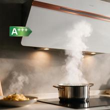 Bolero Flux DT 907500 Matt White A+++Cecotec Cappa aspirante decorativa da 90 cm in vetro bianco opaco e bianco lucido con dettagli color rame, canna fumaria in acciaio inox, con aspirazione da 717,2 m³/h, classe A+++, motore BLDC, touch control, Hand Movement Control, doppia funzione Booster, funzione Air Cleaning, Wifi per l'utilizzo di app, luce LED, filtri in alluminio, opzione filtro al carbonio inclusa.