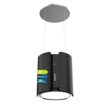 Bolero Flux CRE 385500 Negro A+ Campana colgante redonda de 38cm de diametro, Clase A+, Motor DC, Succión 591,2m3/h, Acabado en acero negro,  Control de botones electrónicos, Filtro de Carbono.