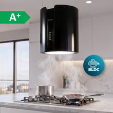 Bolero Flux CRE 385500 Negro A+ Campana colgante redonda de 38cm de diametro, Clase A+, Motor DC, Succión 591,2m3/h, Acabado en acero negro,  Control de botones electrónicos, Filtro de Carbono.