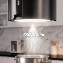 Bolero Flux CRE 385500 Negro A+ Campana colgante redonda de 38cm de diametro, Clase A+, Motor DC, Succión 591,2m3/h, Acabado en acero negro,  Control de botones electrónicos, Filtro de Carbono.