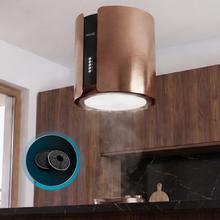Bolero Flux CRE 385500 Cobre A+ Bolero Flux CRE 385500 Copper A++, Runde 38-cm-Insel-Dunstabzugshaube mit Energieeffizienzklasse A++, DC-Motor, einer Saugleistung von 591,2 m³/h, elegantem Kupfer-Finish, elektronischer Tastensteuerung und inklusivem Aktivkohlefilter.