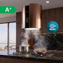Bolero Flux CRE 385500 Cobre A+ Campana colgante redonda de 38cm de diametro, Clase A+, Motor DC, Succión 591,2m3/h, Acabado en Cobre,  Control de botones electrónicos, Filtro de Carbono.