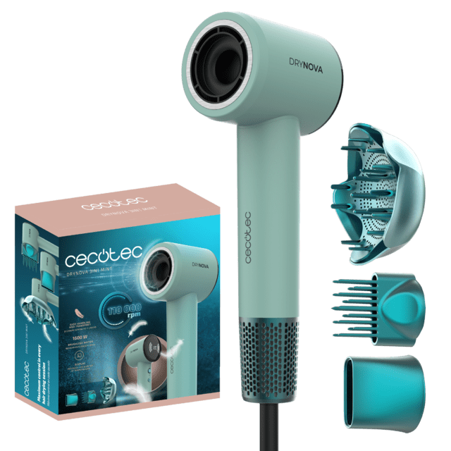 DryNova 3en1 Menta Secador de Pelo Brushless Compacto y Ligero con Potente Motor de 1600 W, 110,000 RPM, 3 accesorios, Silencioso y Duradero, con Generador de Iones y Múltiples Ajustes
