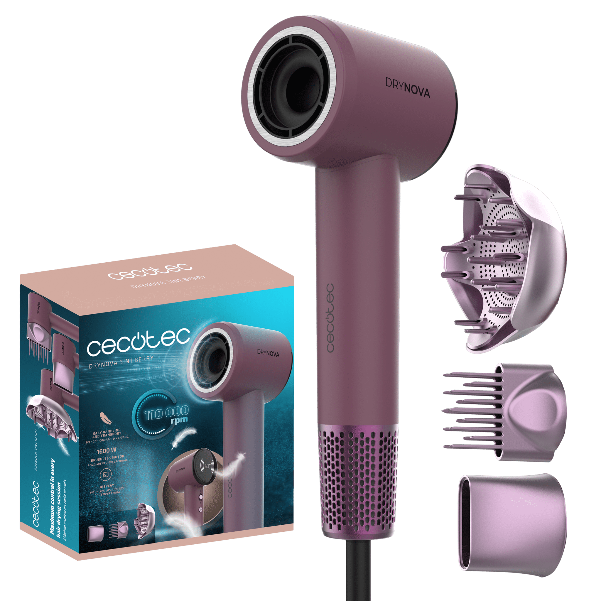 DryNova 3in1 Berry Kompakter und leichter Brushless Haartrockner mit leistungsstarkem 1600-W-Motor, 110.000 U/min, leise und langlebig, 3 Aufsätze, mit Ionengenerator und vielfältigen Einstellungen.