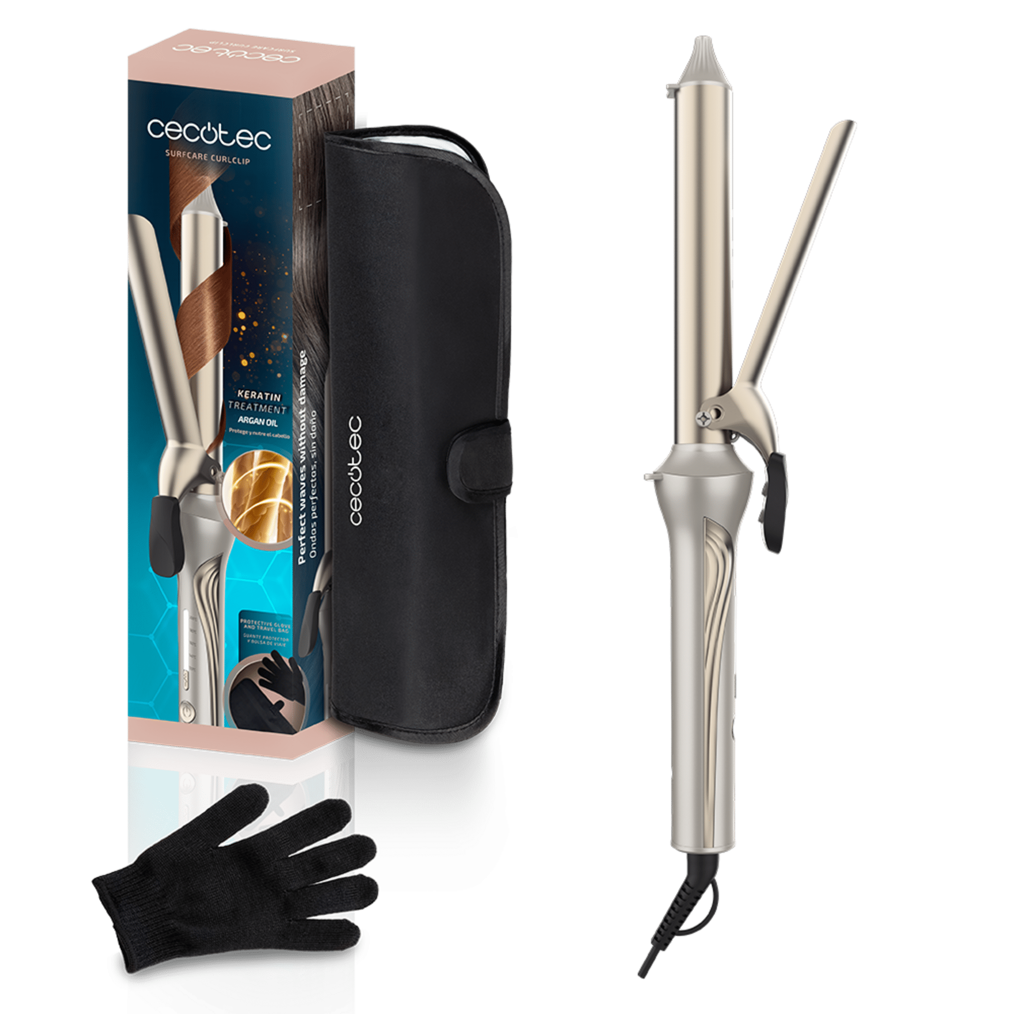 Rizador de Pelo CECOTEC SurfCare CurlClip con caja, guante y bolsa termorresistente