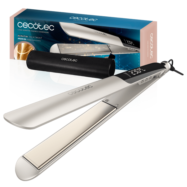 Lisse Keratin Essence Champagne RitualCare Plancha de Pelo Estrecha con Cable, Función HeatMax, 130-230ºC, Revestimiento Cerámico con Queratina y Aceite de Argán, Bloqueo de Placas, Apagado Automático, Incluye Bolsa de Viaje