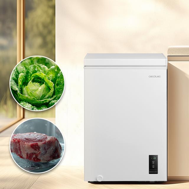 Bolero CoolMarket Chest 99P White E Cecotec - Congelador Horizontal 99L, Cesta con asas, Control Electrónico LED, Muy Silencioso 38dB, UltraContact D-Cool, Dual Function, Puerta ZeroG (80º-30º), Fast Freezing y Diseño Compacto