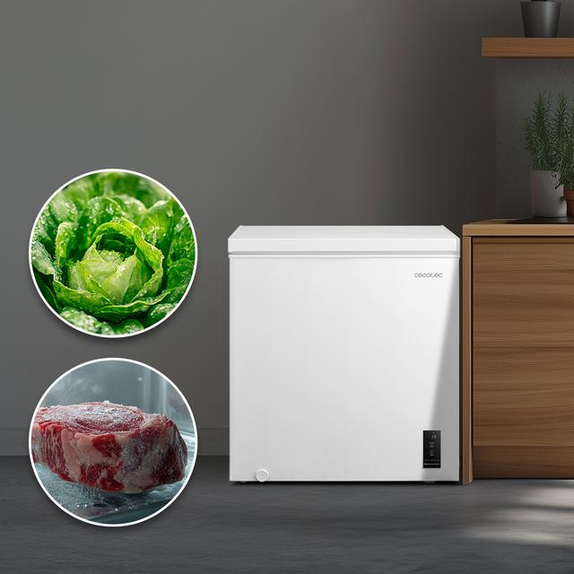 Bolero CoolMarket Chest 198P White E Cecotec - Congelador Horizontal 198L, Cesta con asas, Control Electrónico LED, UltraContact D-Cool, Dual Function, Puerta ZeroG (80º-30º), Fast Freezing y Diseño Compacto