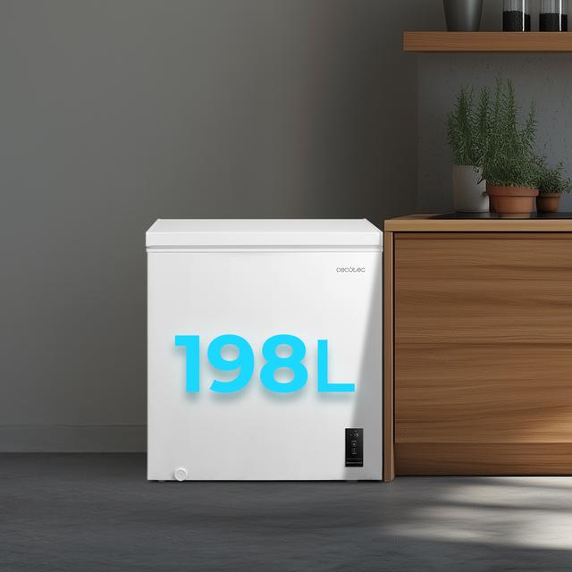 Bolero CoolMarket Chest 198P White E Cecotec - Congelador Horizontal 198L, Cesta con asas, Control Electrónico LED, UltraContact D-Cool, Dual Function, Puerta ZeroG (80º-30º), Fast Freezing y Diseño Compacto