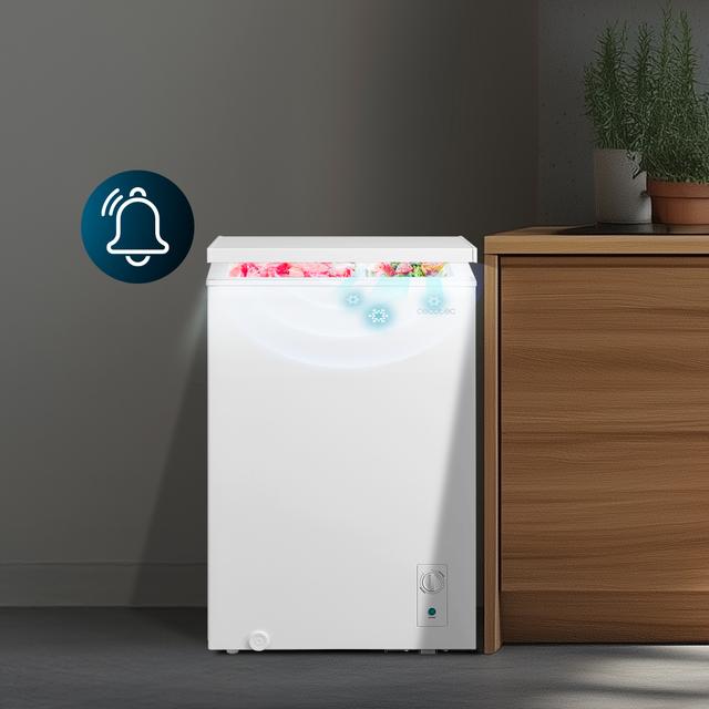 Bolero CoolMarket Chest 99M White D Cecotec Bolero CoolMarket Chest 99M White D - Congelador Horizontal 99L, Cesta con asas, Control Mecánico LED, Muy Silencioso 38dB, UltraContact D-Cool, Dual Function, Puerta ZeroG (80º-30º), Fast Freezing y Diseño Compacto