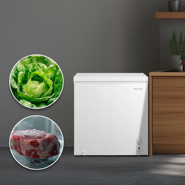 Bolero CoolMarket Chest 198M White D Cecotec - Congelador Horizontal 198L, Cesta con asas, Control Mecánico, UltraContact D-Cool, Dual Function, Puerta ZeroG (80º-30º), Fast Freezing y Diseño Compacto