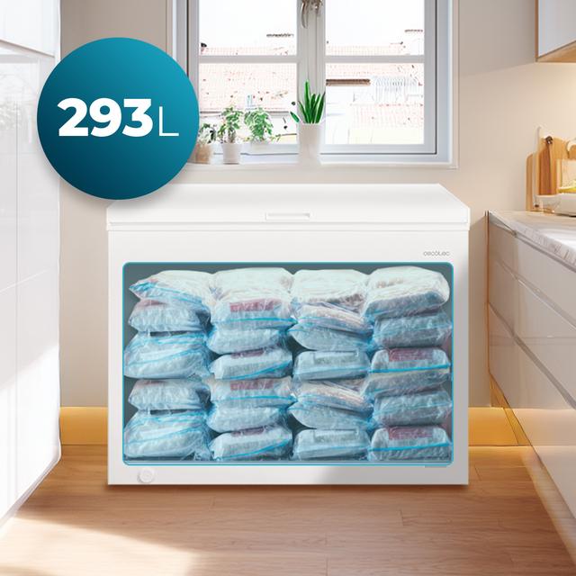 Bolero CoolMarket Chest 293M White D Congelador Horizontal 293L, Cesta con asas, Clase D, Control Electrónico LED, UltraContact D-Cool, Dual Function, Puerta ZeroG (80º-30º), Fast Freezing y Diseño Compacto