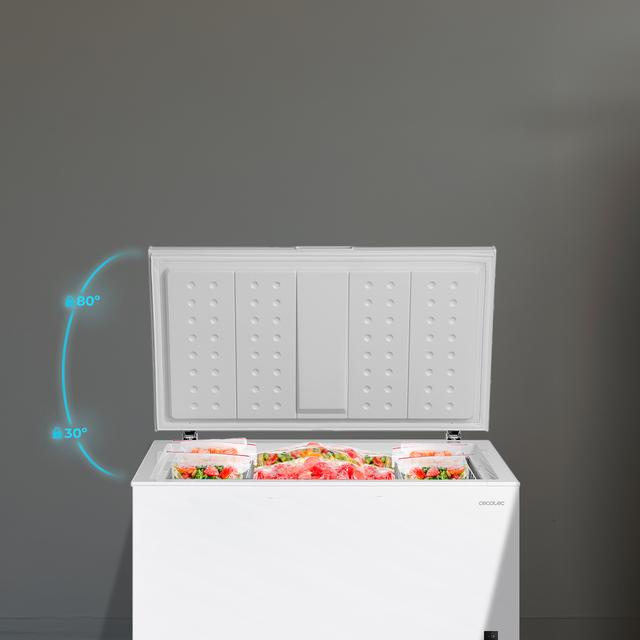 Bolero CoolMarket Chest 418P White D Cecotec - Congelador Horizontal 418L, Cesta con asas, Control Electrónico LED, Ruedas EasyMove, Clase Energética D, UltraContact D-Cool, Dual Function, Puerta ZeroG (80º-30º) y Fast Freezing.
