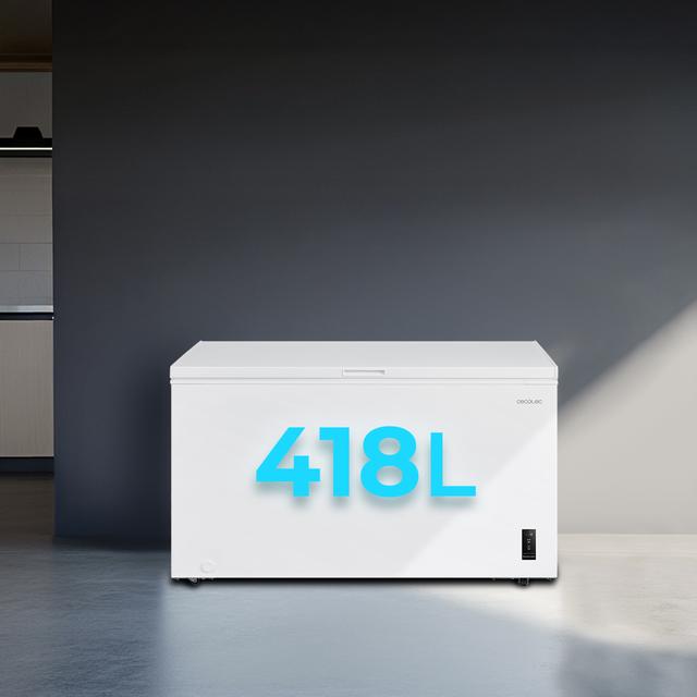 Bolero CoolMarket Chest 418P White D Cecotec - Congelador Horizontal 418L, Cesta con asas, Control Electrónico LED, Ruedas EasyMove, Clase Energética D, UltraContact D-Cool, Dual Function, Puerta ZeroG (80º-30º) y Fast Freezing.