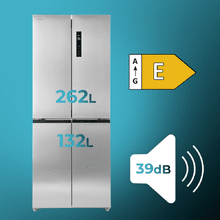 Bolero CoolMarket 4D 394 Inox E Réfrigérateur 4 portes, capacité 394 litres, compresseur Inverter, tiroir à température variable, NoFrost, MultiAirFlow, fonction ATT antibactérienne, fonctions FastCool et FastFreeze, mode Vacances, alarme de porte, ouverture facile à 90º, classe E, affichage extérieur