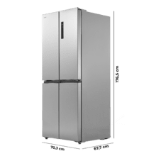 Bolero CoolMarket 4D 394 Inox E Réfrigérateur 4 portes, capacité 394 litres, compresseur Inverter, tiroir à température variable, NoFrost, MultiAirFlow, fonction ATT antibactérienne, fonctions FastCool et FastFreeze, mode Vacances, alarme de porte, ouverture facile à 90º, classe E, affichage extérieur