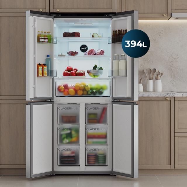 Bolero CoolMarket 4D 394 Inox E Frigorífico 4 Puertas, Capacidad 394 Litros, Compresor Inverter, Cajón Temperatura Variable, NoFrost, MultiAirFlow, ATT Antibacterias, Funciones FastCool y FastFreeze, Modo Vacaciones, Alarma puerta, Apertura Fácil a 90º,  Clase E, Display Exterior