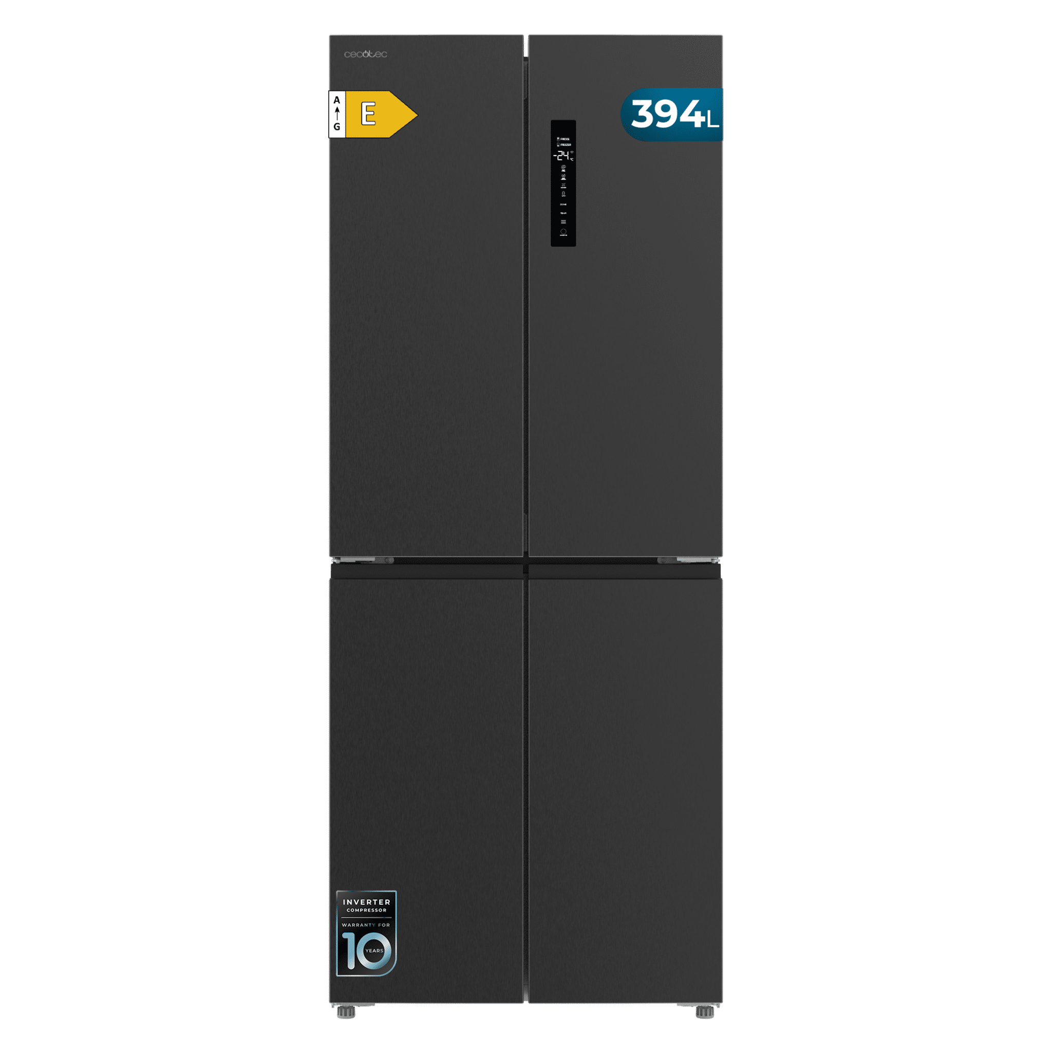 Bolero CoolMarket 4D 394 Dark E Frigorífico 4 Portas, Capacidade 394 Litros, Compressor Inverter, Gaveta de Temperatura Variável, NoFrost, MultiAirFlow, ATT Antibacteriano, Funções FastCool e FastFreeze, Modo Férias, Alarme de Porta, Abertura Fácil a 90º, Classe E, Display Exterior