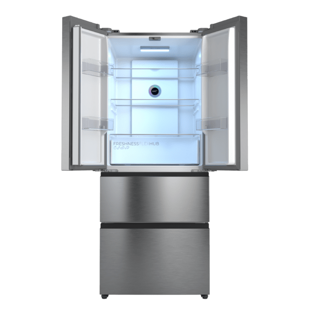 Bolero CoolMarket F2D 403 Inox E Frigorífico Puerta Francesa, Extra Capacidad Max Inside 403 Litros, Compresor Inverter, Cajón Temperatura Variable FreshNessFlexHub, Función Iónica ATT Antibacterias, NoFrost, Funciones SuperCool y SuperFreeze, Display digital exterior, Modo Vacaciones