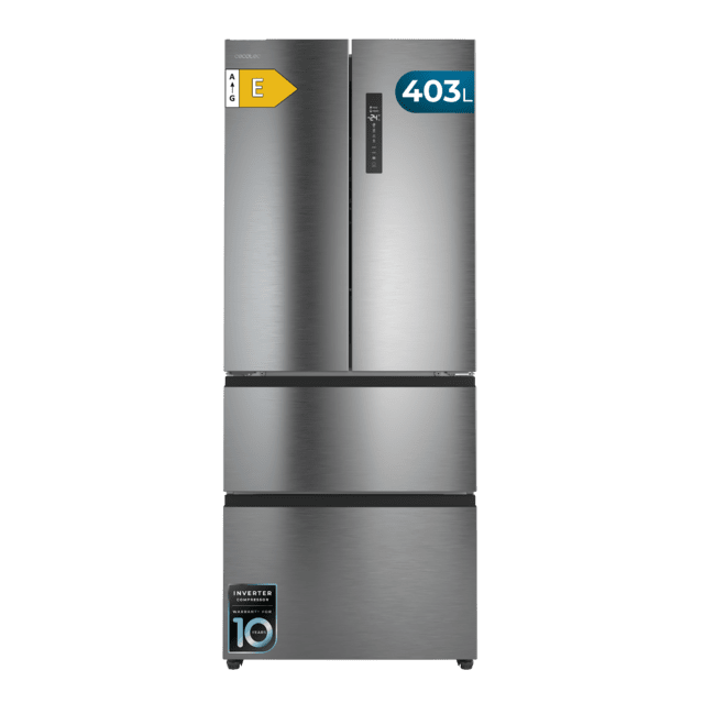 Bolero CoolMarket F2D 403 Inox E Frigorífico Puerta Francesa, Extra Capacidad Max Inside 403 Litros, Compresor Inverter, Cajón Temperatura Variable FreshNessFlexHub, Función Iónica ATT Antibacterias, NoFrost, Funciones SuperCool y SuperFreeze, Display digital exterior, Modo Vacaciones