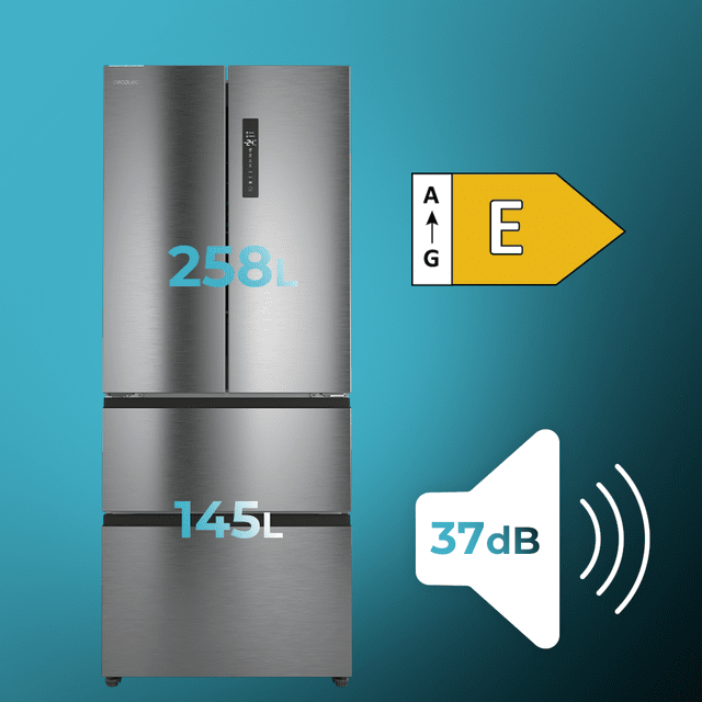 Bolero CoolMarket F2D 403 Inox E Frigorífico Puerta Francesa, Extra Capacidad Max Inside 403 Litros, Compresor Inverter, Cajón Temperatura Variable FreshNessFlexHub, Función Iónica ATT Antibacterias, NoFrost, Funciones SuperCool y SuperFreeze, Display digital exterior, Modo Vacaciones