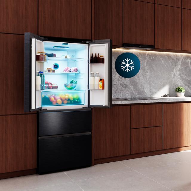 Bolero CoolMarket F2D 403 Inox E Frigorífico Puerta Francesa, Extra Capacidad Max Inside 403 Litros, Compresor Inverter, Cajón Temperatura Variable FreshNessFlexHub, Función Iónica ATT Antibacterias, NoFrost, Funciones SuperCool y SuperFreeze, Display digital exterior, Modo Vacaciones