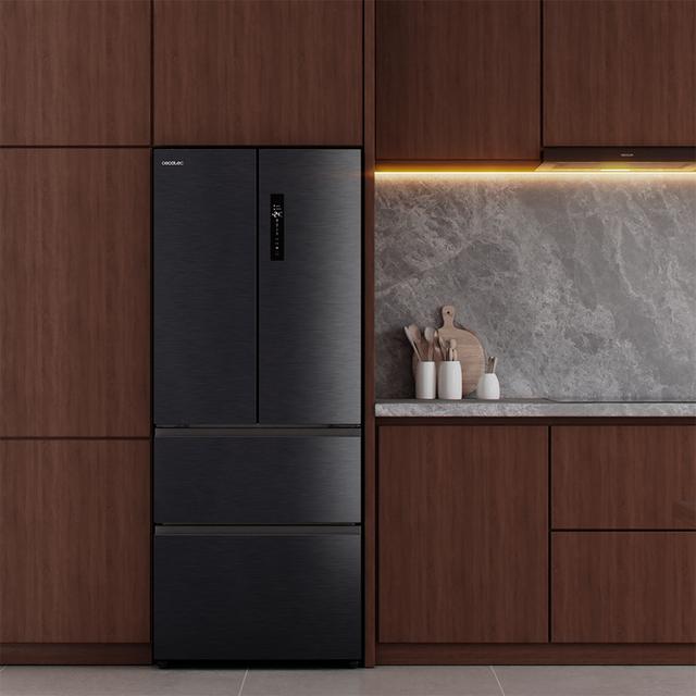 Bolero CoolMarket F2D 403 Inox E Frigorífico Puerta Francesa, Extra Capacidad Max Inside 403 Litros, Compresor Inverter, Cajón Temperatura Variable FreshNessFlexHub, Función Iónica ATT Antibacterias, NoFrost, Funciones SuperCool y SuperFreeze, Display digital exterior, Modo Vacaciones