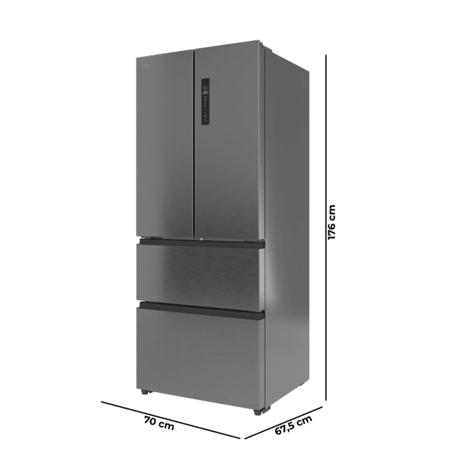 Bolero CoolMarket F2D 403 Inox E Kühlschrank mit französischer Tür, Max Inside Fassungsvermögen von 403 Liter, Inverter-Kompressor, Schublade mit variabler Temperatur FreshNessFlexHub, antibakterielle Funktion Ionic ATT, NoFrost-, SuperCool- und SuperFreeze-Funktionen, externes digitales Display, Urlaubsmodus