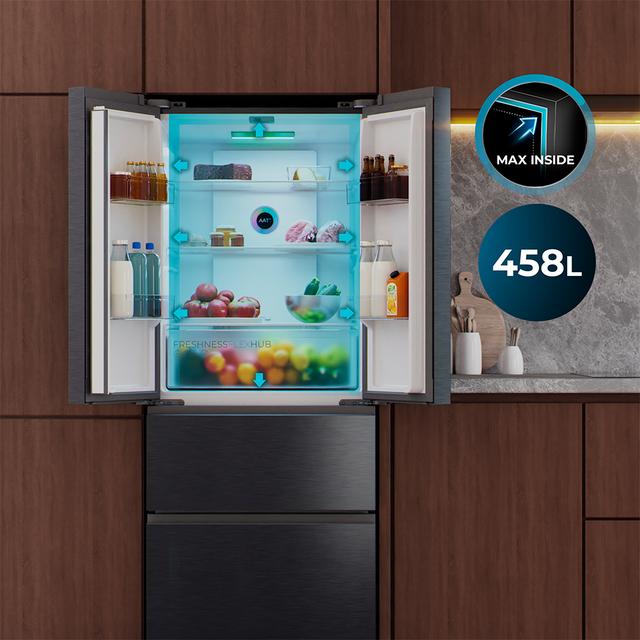 Bolero CoolMarket F2D 403 Inox E Frigorífico Puerta Francesa, Extra Capacidad Max Inside 403 Litros, Compresor Inverter, Cajón Temperatura Variable FreshNessFlexHub, Función Iónica ATT Antibacterias, NoFrost, Funciones SuperCool y SuperFreeze, Display digital exterior, Modo Vacaciones
