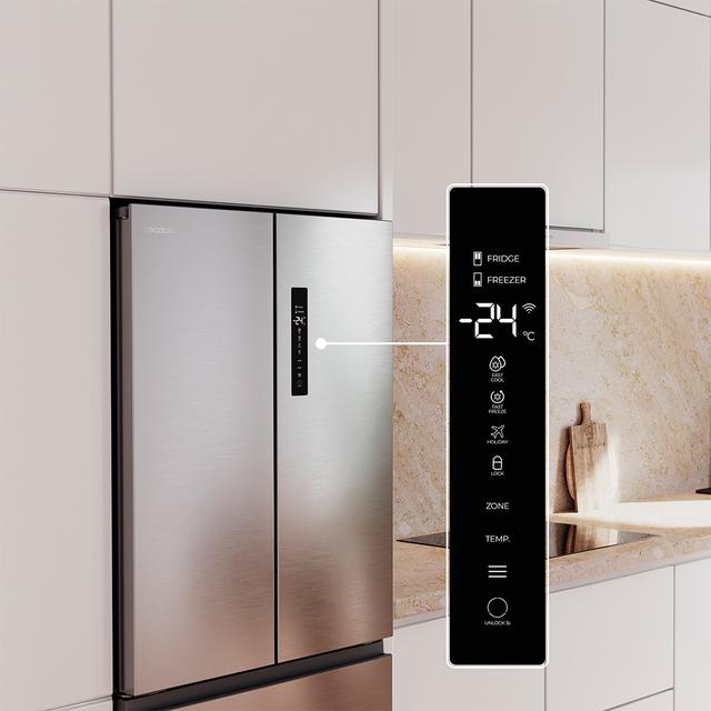 Bolero CoolMarket F2D 403 Dark E Frigorífico Puerta Francesa, Extra Capacidad Max Inside 403 Litros, Compresor Inverter, Cajón Temperatura Variable FreshNessFlexHub, Función Iónica ATT Antibacterias, NoFrost, Funciones SuperCool y SuperFreeze, Display digital exterior, Modo Vacaciones