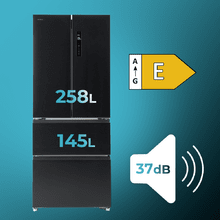 Bolero CoolMarket F2D 403 Dark E Frigorífico Puerta Francesa, Extra Capacidad Max Inside 403 Litros, Compresor Inverter, Cajón Temperatura Variable FreshNessFlexHub, Función Iónica ATT Antibacterias, NoFrost, Funciones SuperCool y SuperFreeze, Display digital exterior, Modo Vacaciones