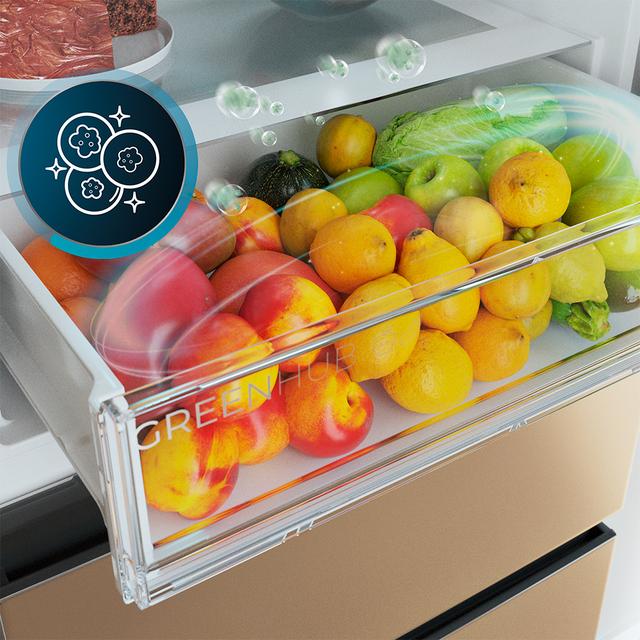 Bolero CoolMarket FD 420 Inox E Frigorífico Puerta Francesa, Extra Capacidad Max Inside 420 Litros, Compresor Inverter, Cajón Frutas y Verduras, Función Iónica ATT Antibacterias, NoFrost, Funciones SuperCool y SuperFreeze, Display digital exterior, Modo Vacaciones