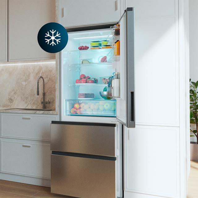 Bolero CoolMarket FD 420 Inox E Réfrigérateur à porte française, capacité Max Inside de 420 litres, compresseur Inverter, tiroir à fruits et légumes, fonction antibactérienne Ionic ATT, NoFrost, fonctions SuperCool et SuperFreeze, écran numérique extérieur, mode Vacances.